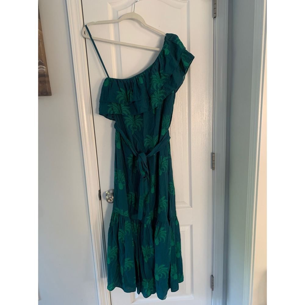 Ann Taylor Teal Green Pineapple Palm One Shoulder Ruffle Tiered Midi Dress M